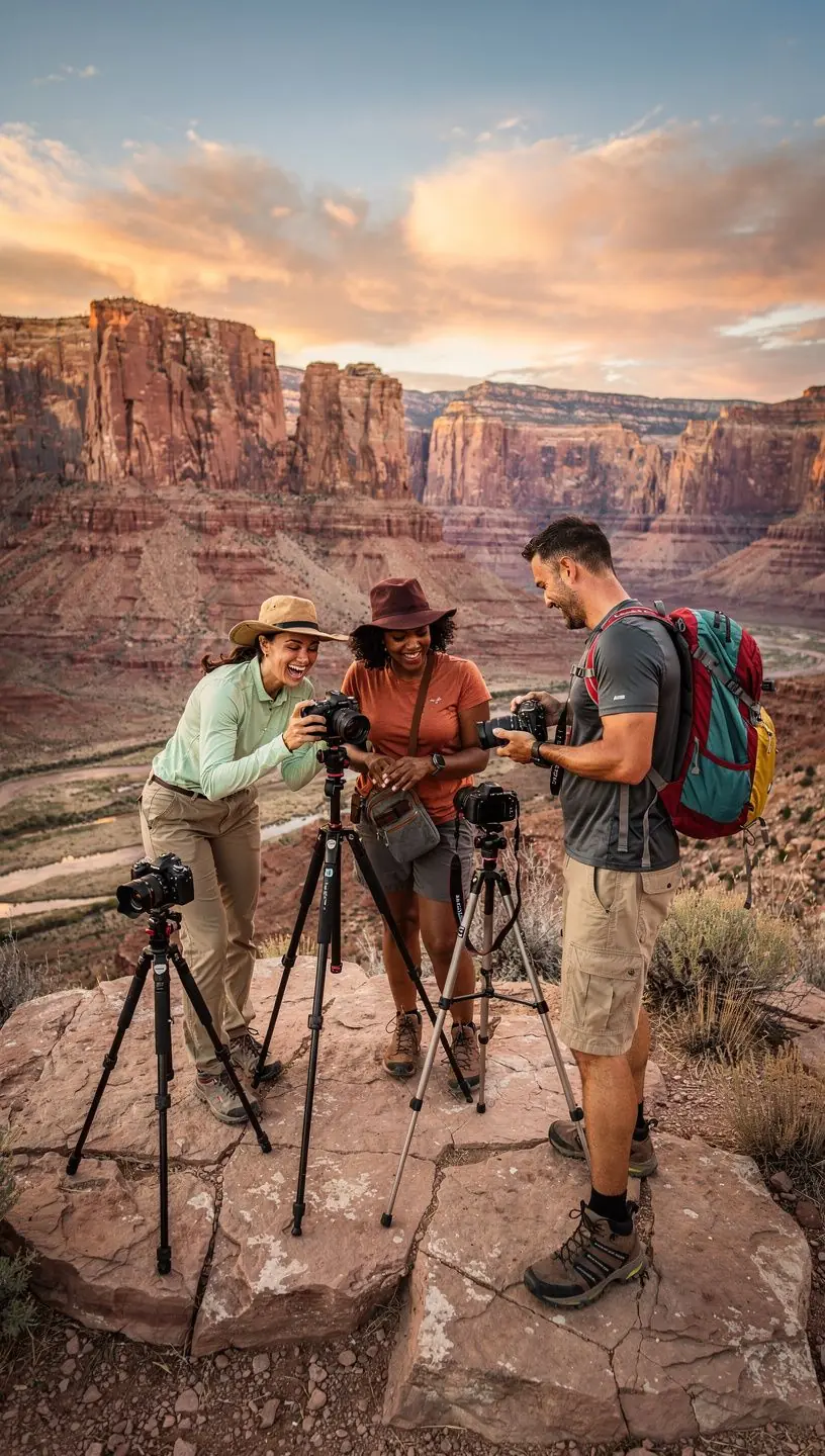 Фотографическая экспедиция в пустыне с оборудованием для съемки.