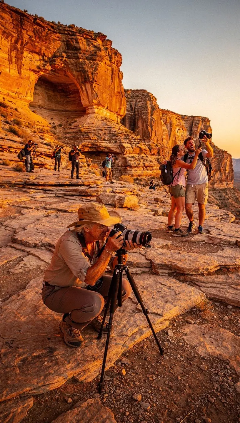 Закат над каньоном с яркими геологическими образованиями и бескрайними пустынными пейзажами.
