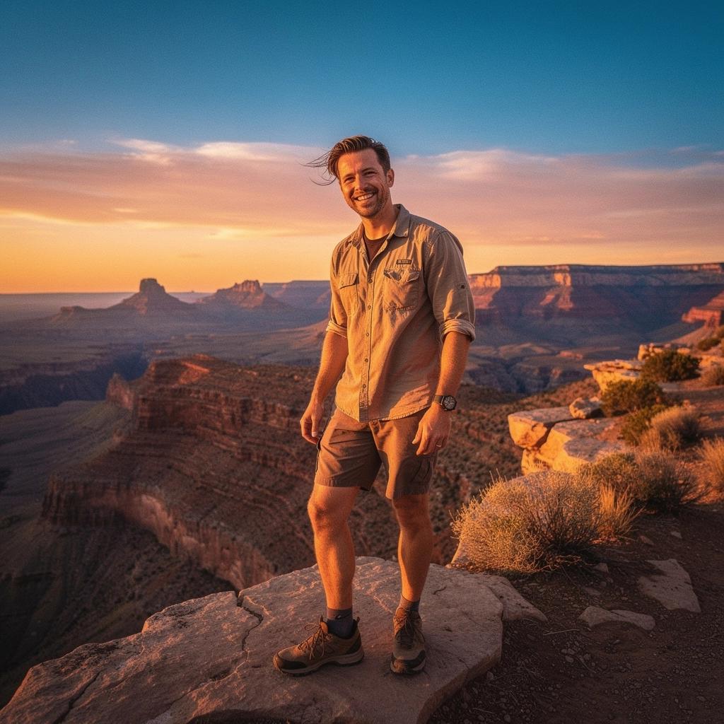 Пейзаж пустыни с красными скалами на фоне заката.